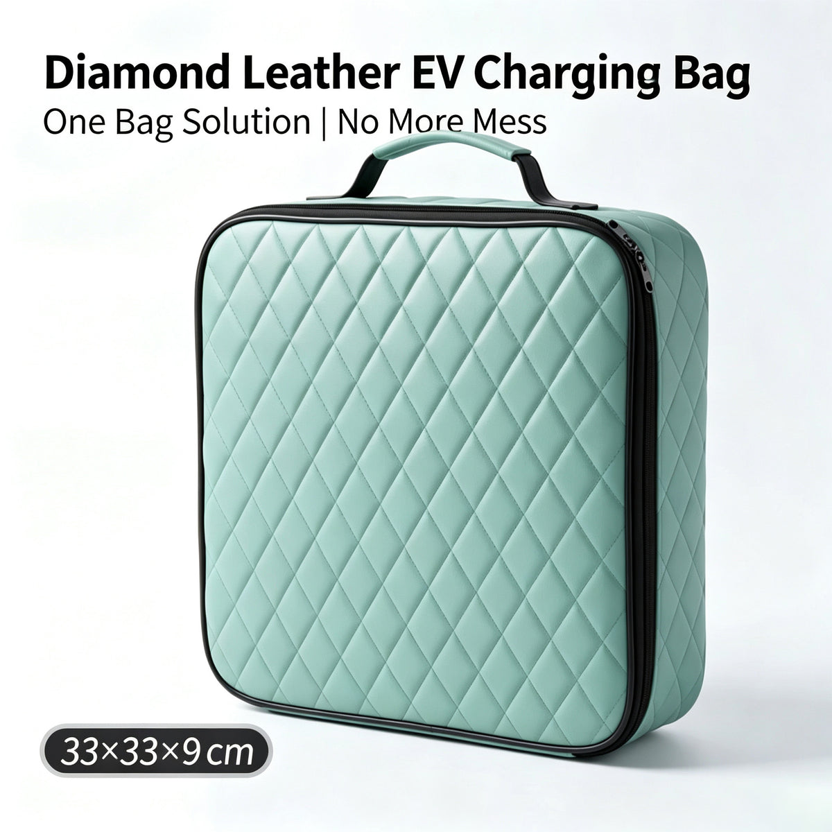 EV charging cable storage bag – mint green quilted bag with dimensions labelled