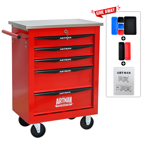 5 Drawers Multifunctional Tool Cart With Wheels,Metal Rolling Tool Cart Storage For Garage Workshop Warehouse Repair Shop--With Stainless Steel Roof--Red Black - image 10