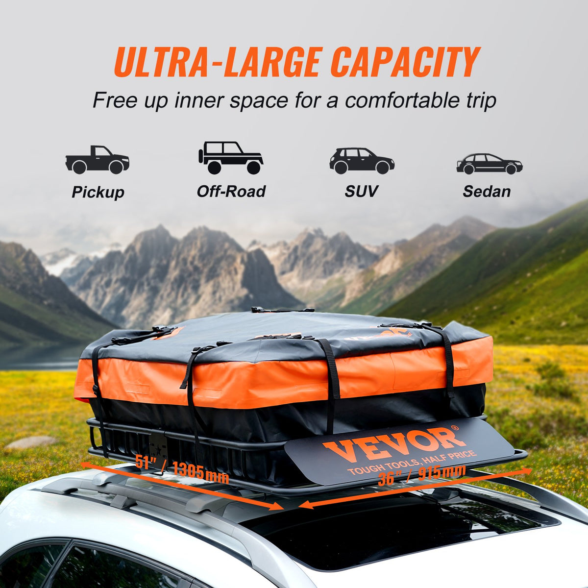 Roof Rack Cargo Basket, 130.5 X 91.5 X 12.7 Cm Rooftop Cargo Carrier W 15 Cu Ft Waterproof Cargo Bag, 90 Kg Capacity Universal Rack Carrier For SUV, Truck - image 10
