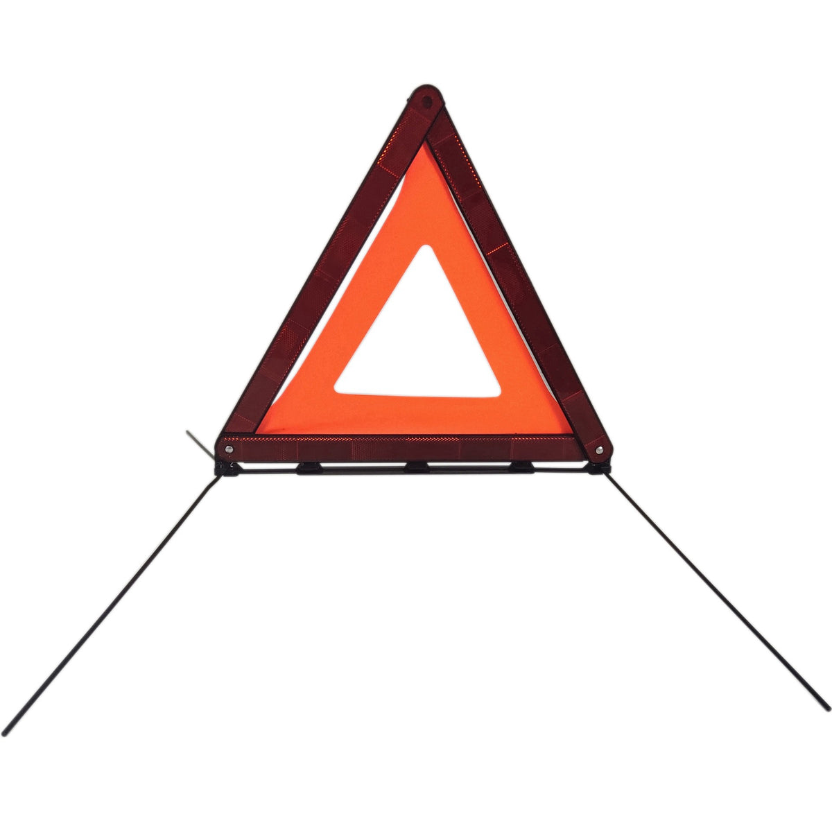 Reflective car warning triangle for emergency stops – flat front view with legs splayed out