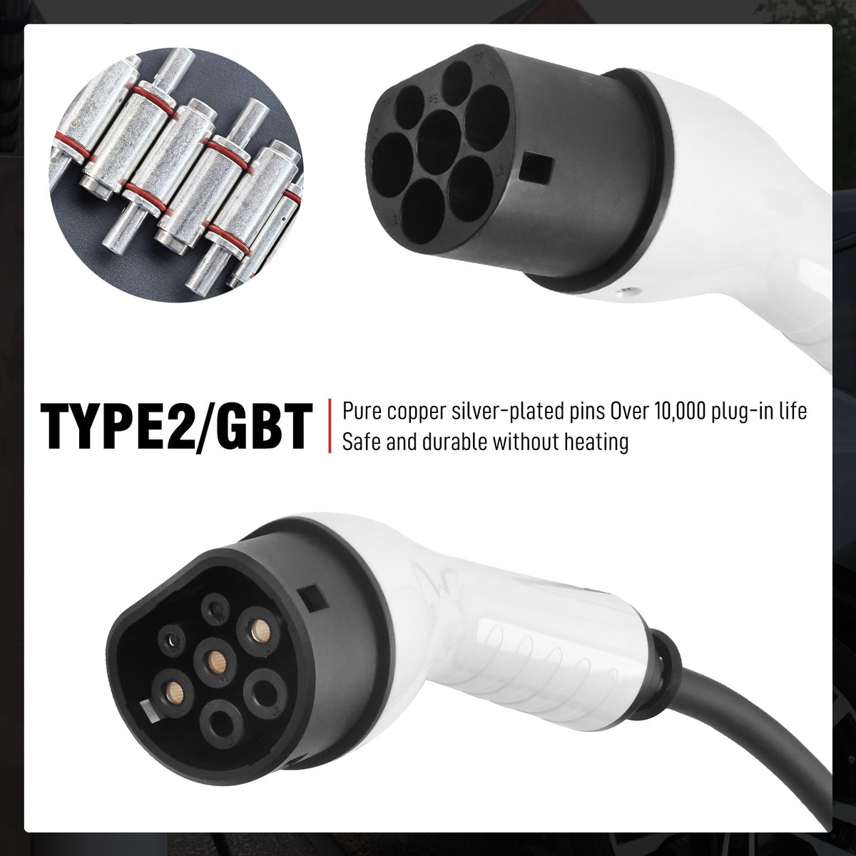 32A Type 2 to Type 2 EV charging cable, 5m – supplier infographic showing connector pins and plug detail