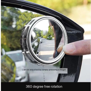Adjustable blind spot mirrors, pair – supplier infographic showing finger-adjustable mirror on car window
