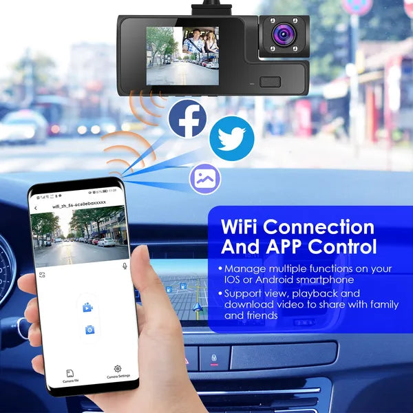 WiFi FHD 1080P Car Dash Cam 3 Channels Front Rear Inside Dash Camera With Loop Recording Reversing Visual 170° Wide Angle 64G Card Included - image 5