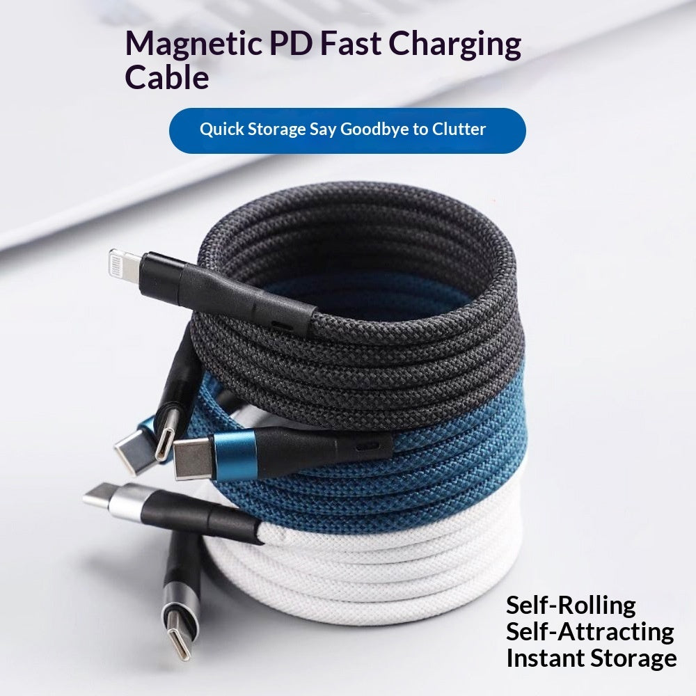 Magnetic charging cable organiser clips – three coiled braided cables in black, blue and white