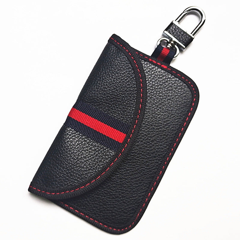 RFID signal-blocking car key case – leather or carbon-look – black leather case on white background