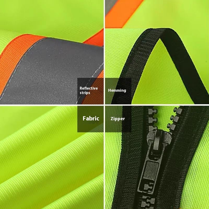 Hi-vis multi-pocket reflective safety vest – close-up details of fabric, zipper, hemming and reflective strip