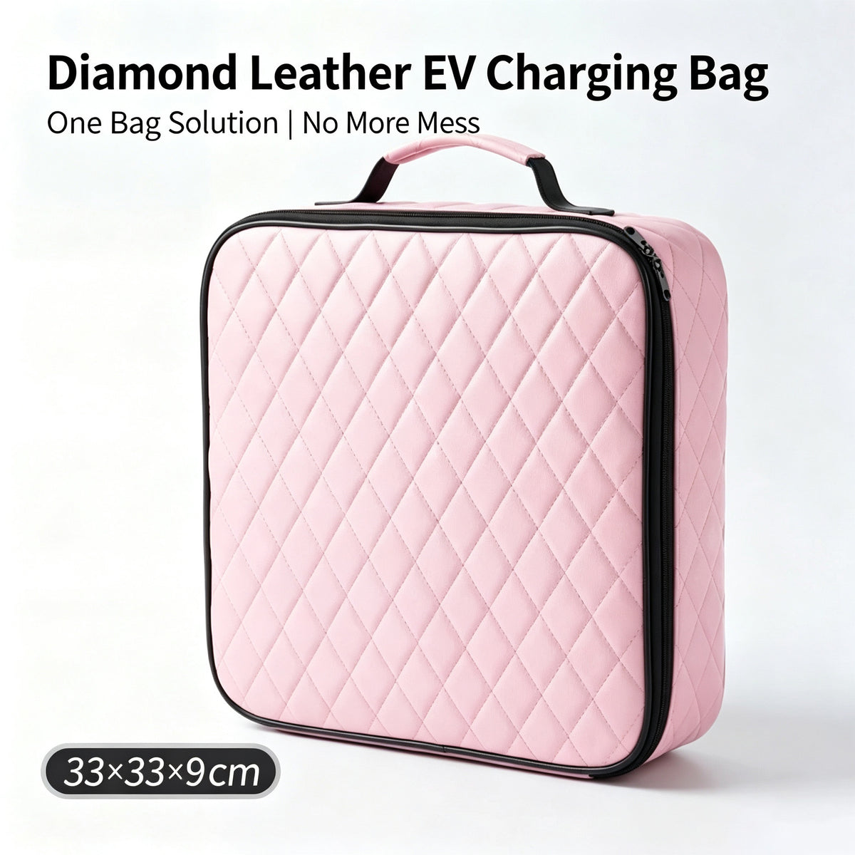 EV charging cable storage bag – pink quilted bag with dimensions labelled