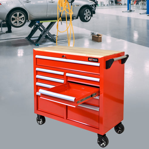 9 DRAWERS MULTIFUNCTIONAL TOOL CART WITH WHEELS AND WOODEN TOP