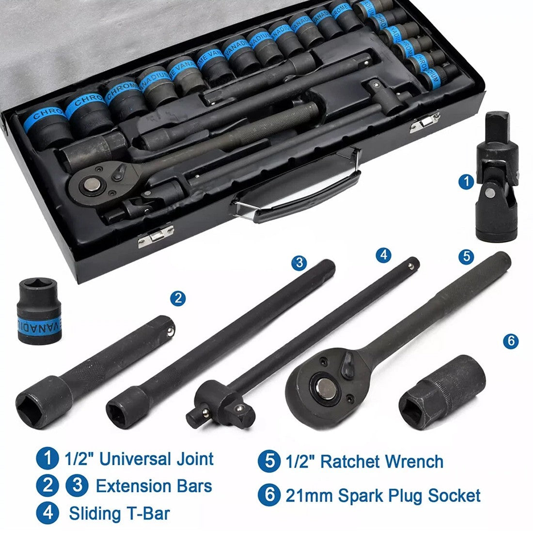 Heavy Duty 1&2 Ratchet Wrench Socket Set 8-32mm Metric Extension Bar Metal Case - image 9