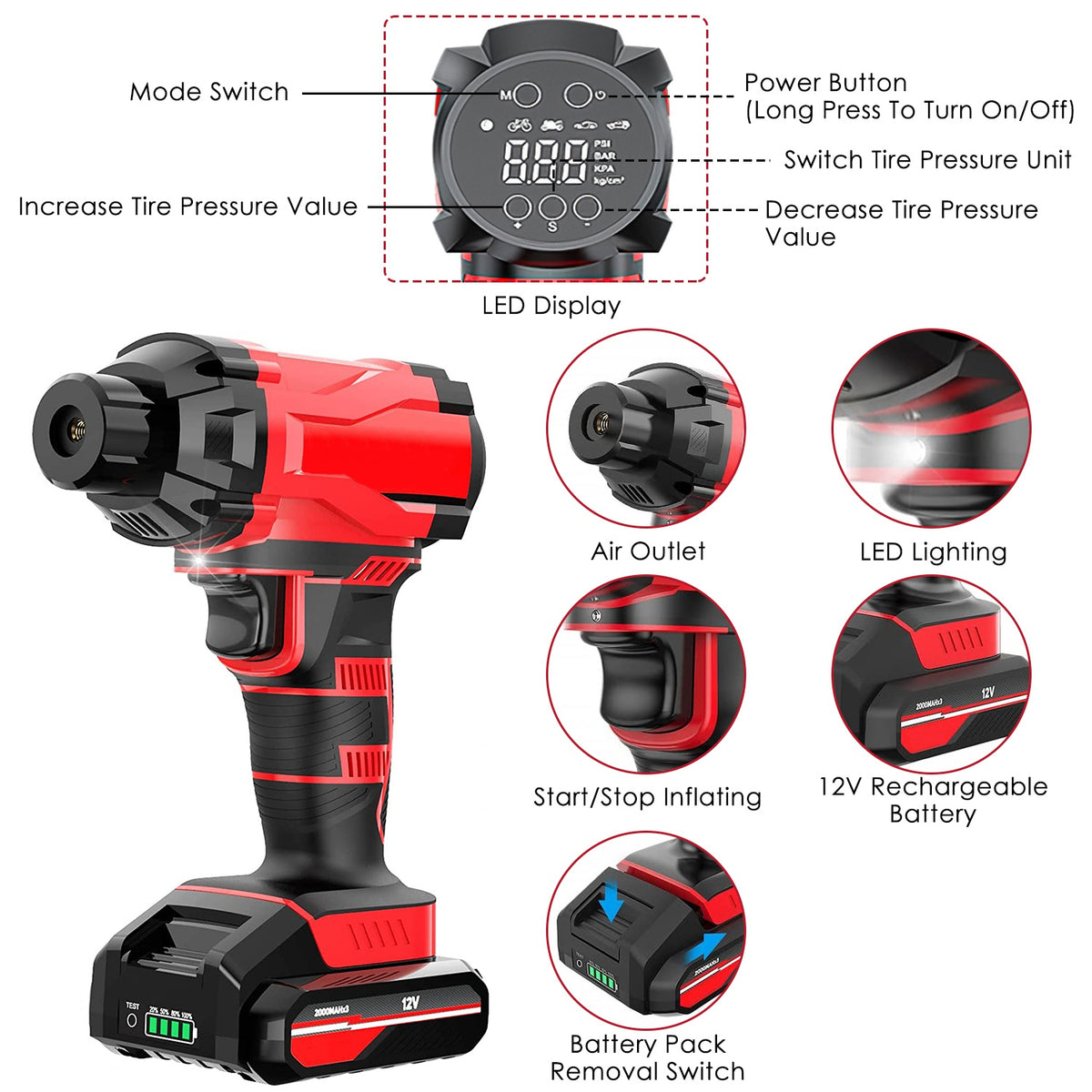 1Pc 150PSI Cordless Car Tire Inflator Rechargeable 2V Portable Electric Air Compressor With LED Light For Car Bike Motorcycle Ball - image 10