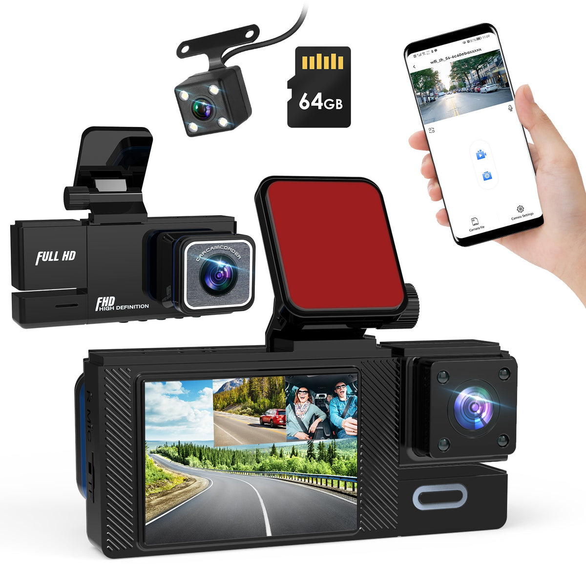 1Pc WiFi FHD 1080P Car Dash Cam 3 Channels Front Rear Inside Dash Camera With Loop Recording Reversing Image Night Vision 170 Degree Wide Angle Support 64G MMC Card Included - image 6