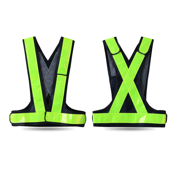 Fluorescent reflective safety vest – front and back views showing V and X strap design