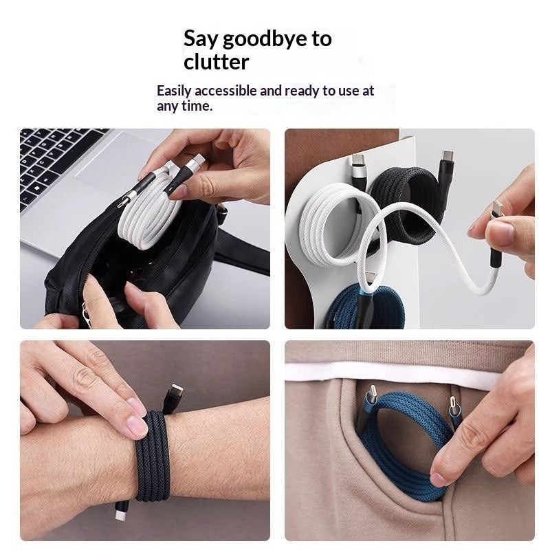 Magnetic charging cable organiser clips – supplier infographic showing cable wound and clipped for storage