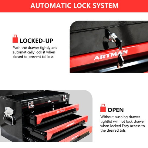 20 Portable 3 Drawer Steel Tool Box With Metal Latch Closure, Black Red - image 9