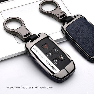 Smart key case for Land Rover & Jaguar – alloy and leather – front and back view of blue leather case with keyring, labelled gun blue