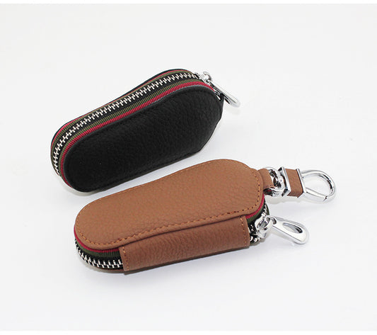 Leather zip car key case – universal – black and tan cases shown side by side