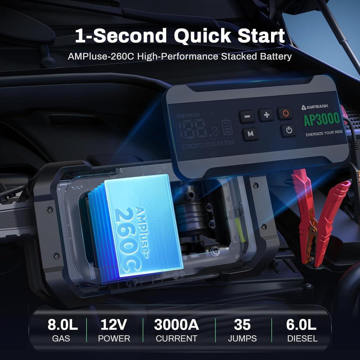 3000A Portable Car Emergency Starter Power Supply With Inflator Function 150PSI Digital Tire Inflator 12V Car Battery Charger With LED Lighting LCD Display - image 9