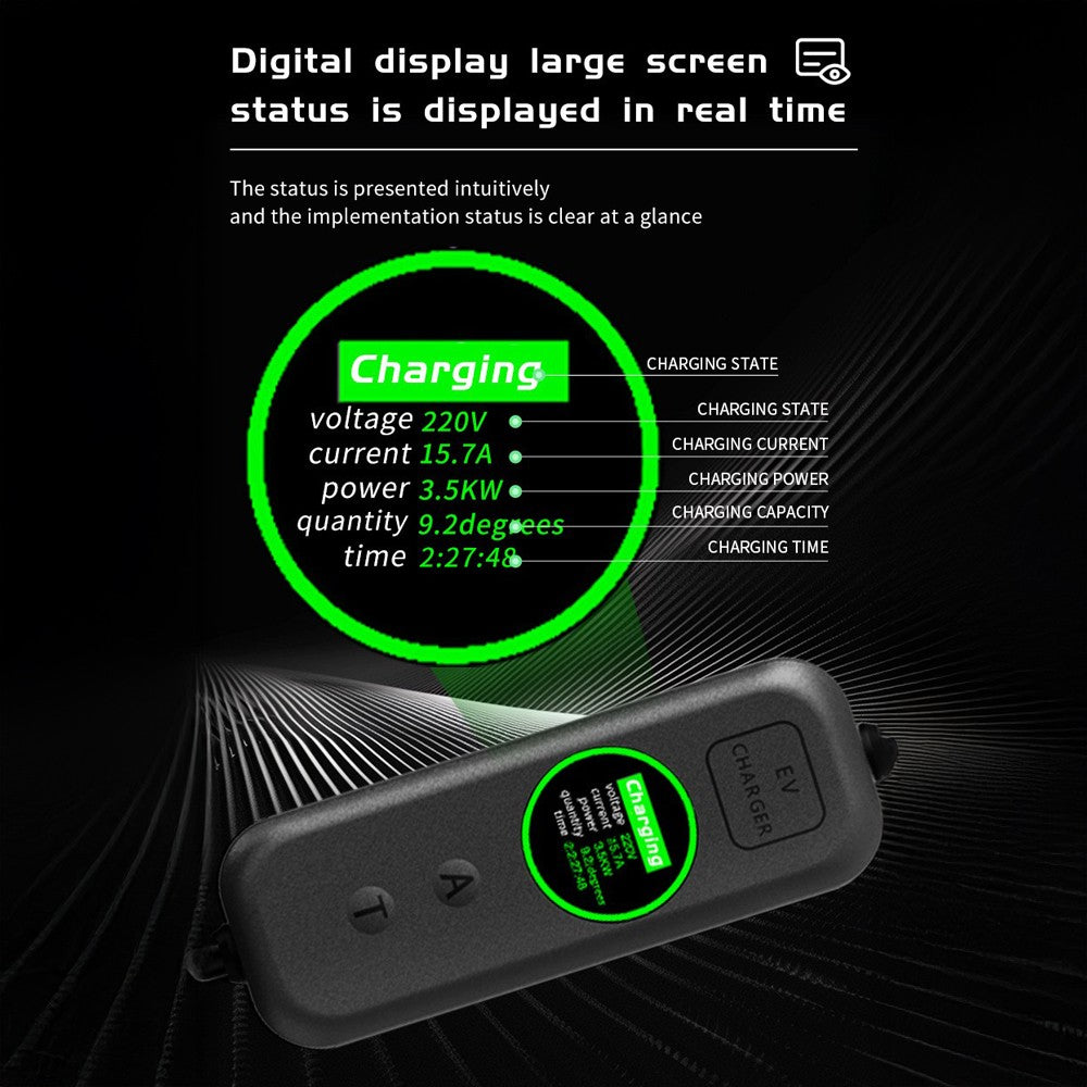 Portable 13A EV charger, UK plug to Type 2 – supplier infographic showing digital display readings while charging