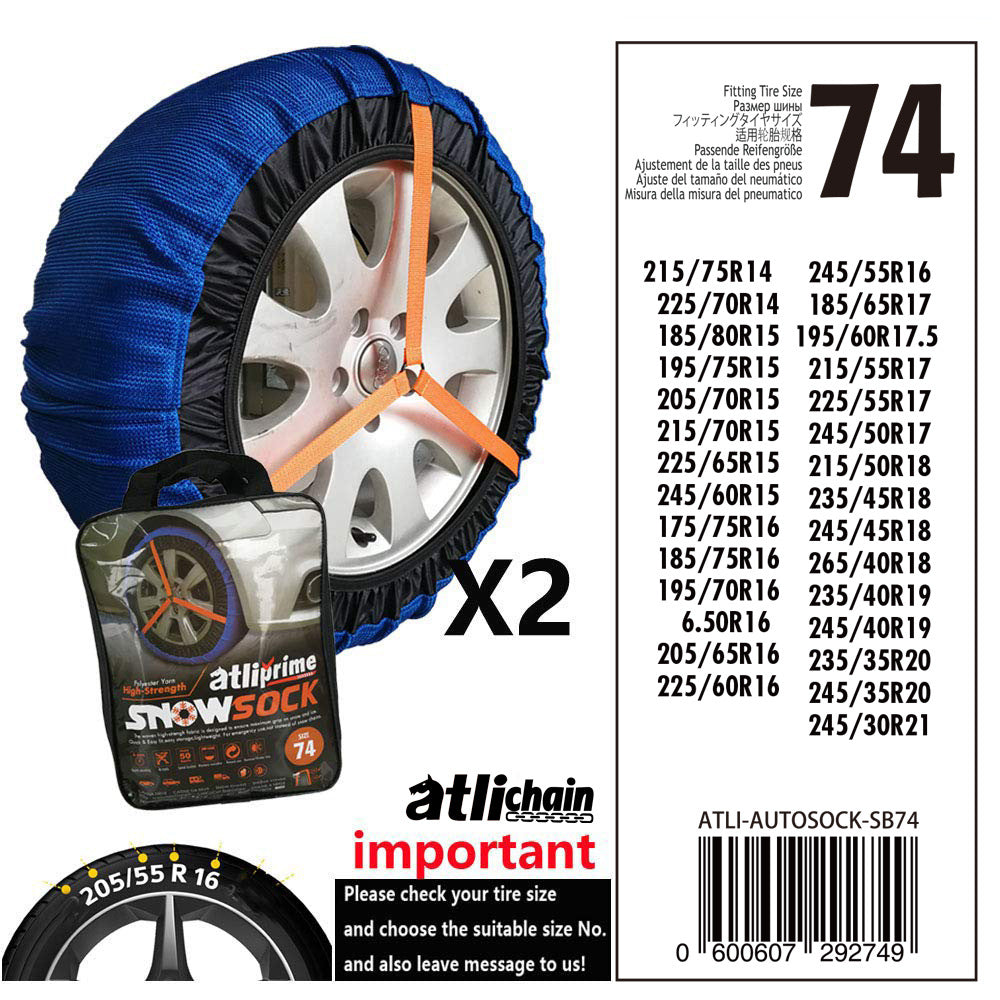 Textile snow sock for car tyres – size chart for size 74 with tyre list