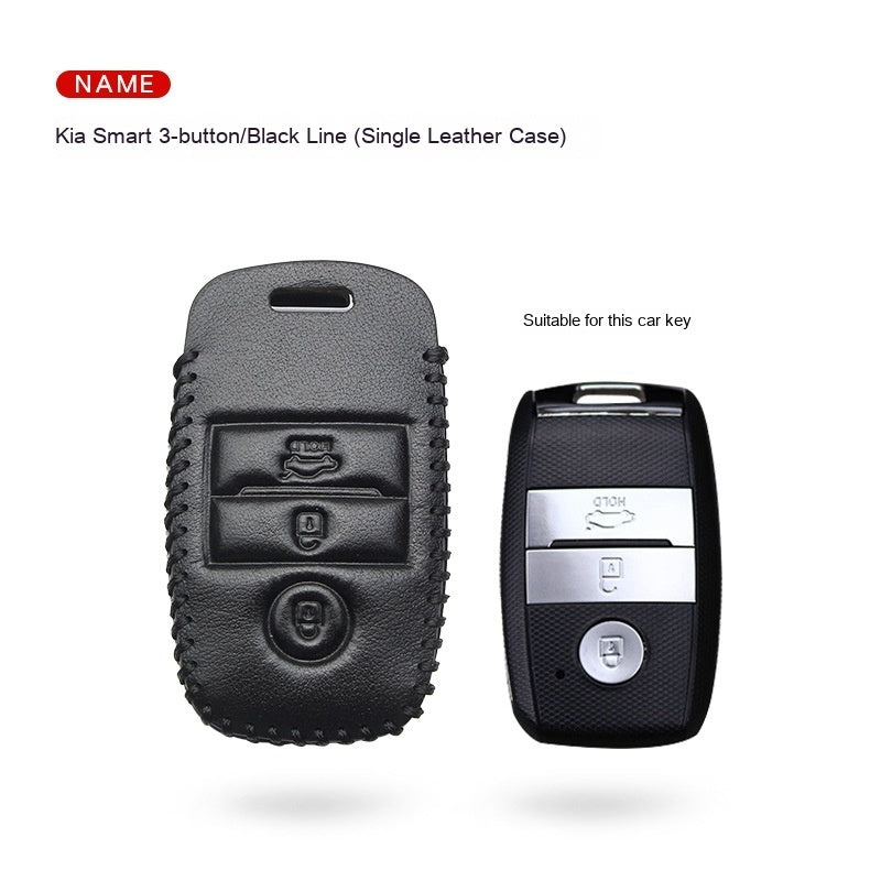 Key fob case for Kia smart & folding keys – genuine leather – supplier infographic showing 3-button case with matching key shape