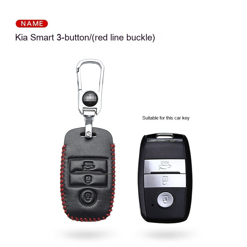 Key fob case for Kia smart & folding keys – genuine leather – supplier infographic showing red line buckle case with matching key shape