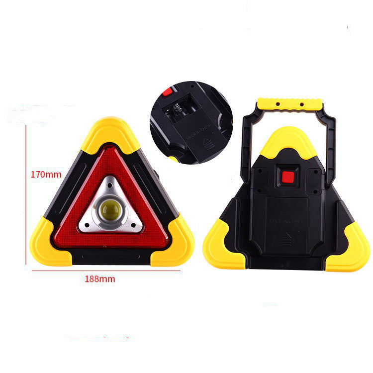 Folding tripod car warning triangle – front and back views with battery compartment detail