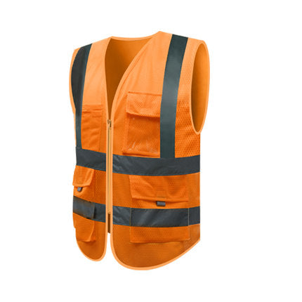 Hi-vis reflective safety vest – orange vest with multiple pockets on white background