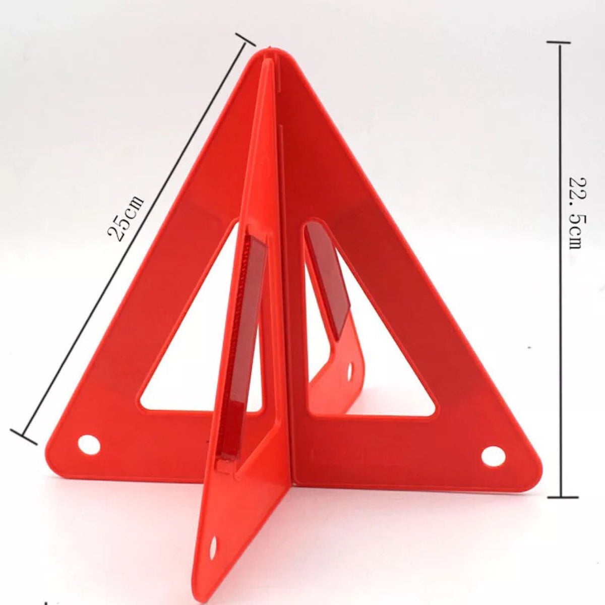 Warning triangle – foldable, reflective – dimensions shown as 25cm by 22.5cm