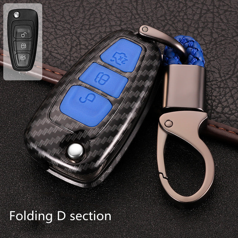 Key fob cover for Ford folding & smart keys – carbon-look – black carbon case with blue buttons, folding d section label