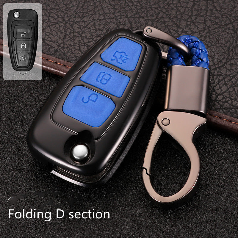 Key fob cover for Ford folding & smart keys – carbon-look – black carbon case with blue buttons, folding d section label