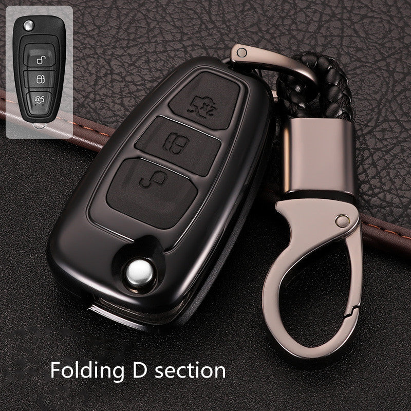Key fob cover for Ford folding & smart keys – carbon-look – black case with black buttons, folding d section label