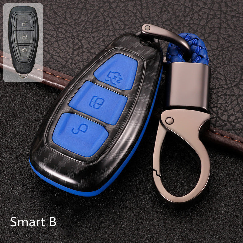 Key fob cover for Ford folding & smart keys – carbon-look – black carbon case with blue buttons, smart b style