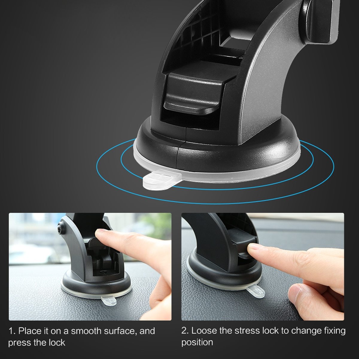 Telescopic dashboard phone holder, suction mount, view 2
