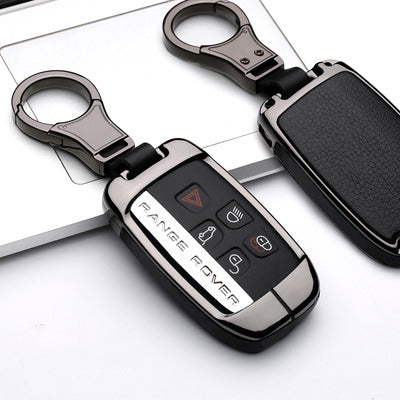 Smart key case for Land Rover & Jaguar – alloy and leather – front and back view of black leather case with keyring