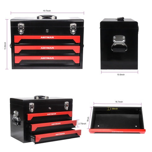 20 Portable 3 Drawer Steel Tool Box With Metal Latch Closure, Black Red - image 5