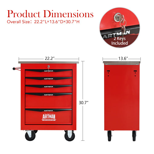 5 Drawers Multifunctional Tool Cart With Wheels,Metal Rolling Tool Cart Storage For Garage Workshop Warehouse Repair Shop--With Stainless Steel Roof--Red Black - image 4