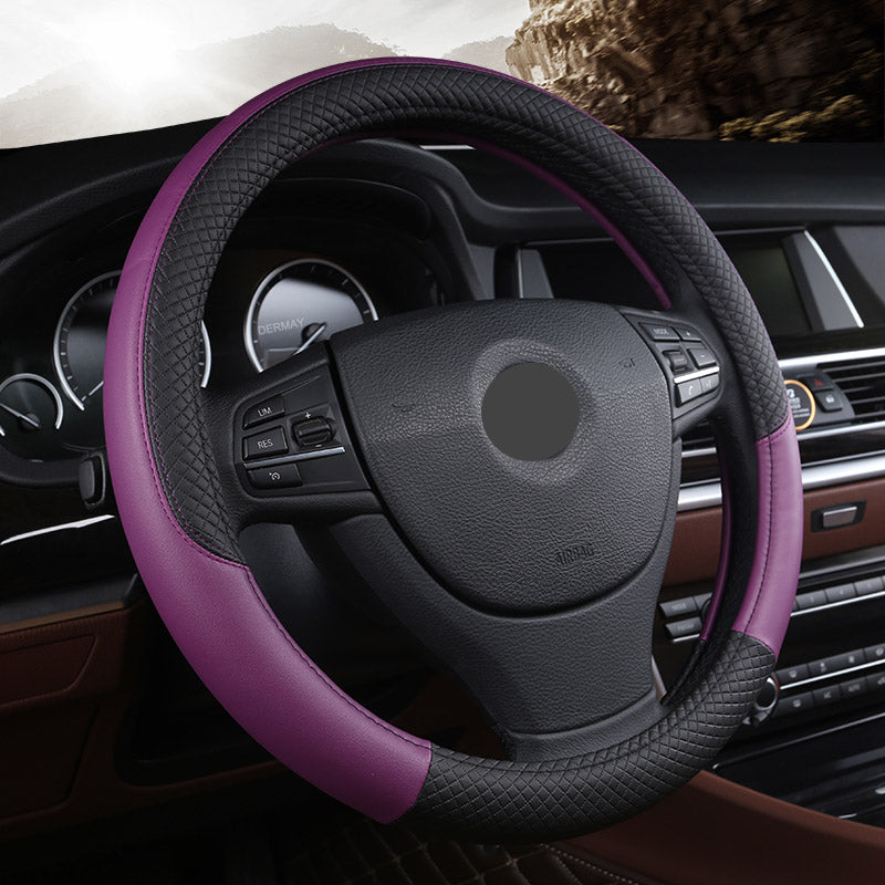 Leather-look steering wheel cover, 38cm – fitted on car steering wheel in purple and black