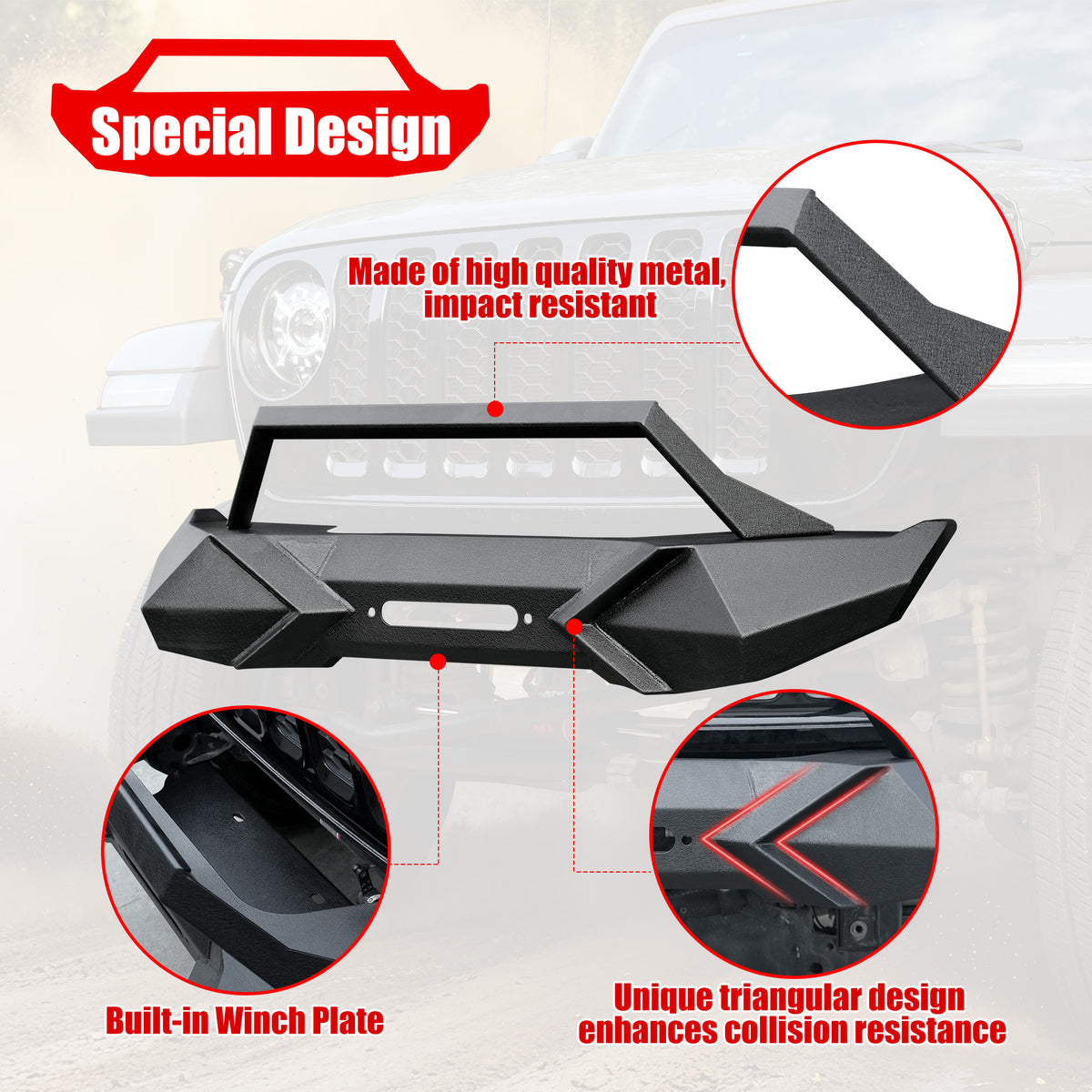 X Style Front Bumper With Winch Plate Compatible With Wrangler JK 2007-2018 Heavy Duty Black Textured Manganese Steel Construction, Perfect For On And Off-Road Used - image 2