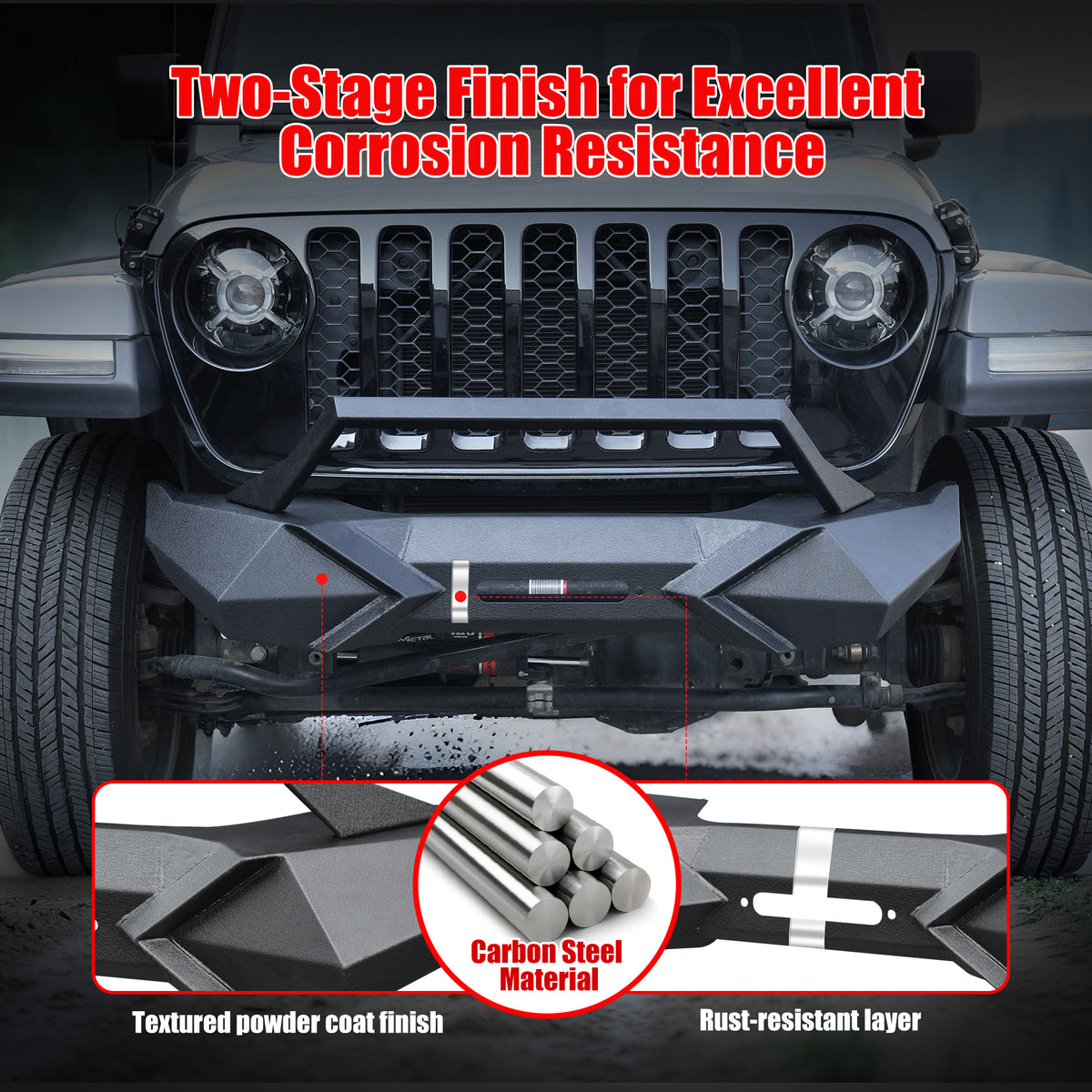 X Style Front Bumper With Winch Plate Compatible With Wrangler JK 2007-2018 Heavy Duty Black Textured Manganese Steel Construction, Perfect For On And Off-Road Used - image 8