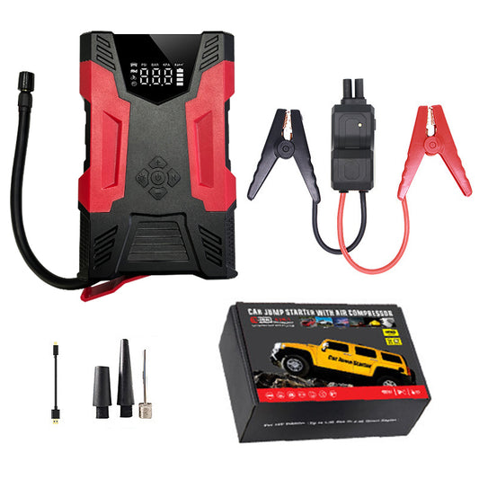 4in1 Multi-functional Car Emergency Jump Starter 12V High-Power Automotive Battery Emergency Jump Starter With Air Compressor Air Pump, Black And Red