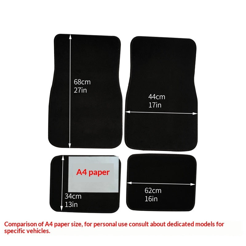 Universal car floor mats, velvet, 4-piece set – supplier infographic showing mat size dimensions