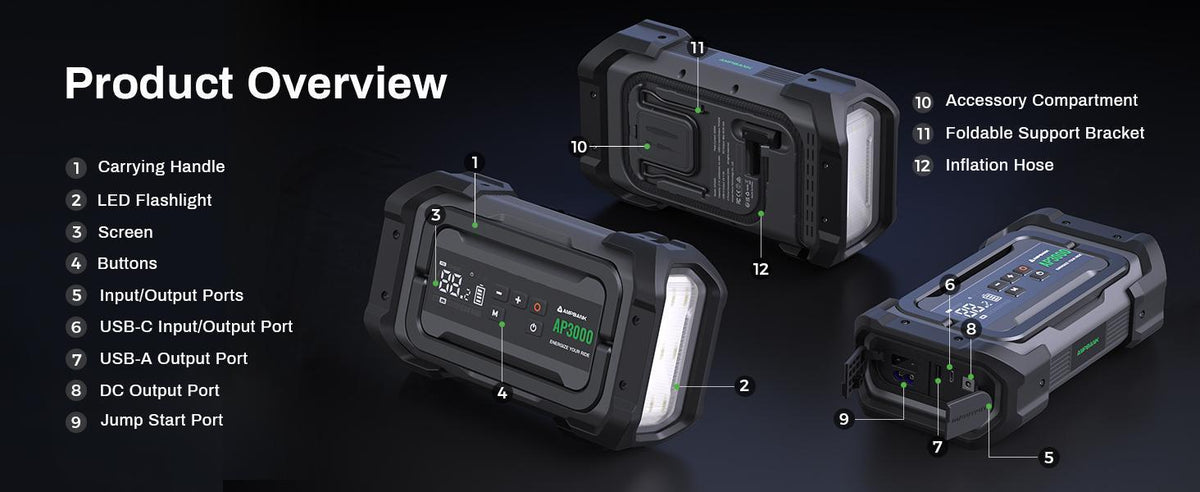 3000A Portable Car Emergency Starter Power Supply With Inflator Function 150PSI Digital Tire Inflator 12V Car Battery Charger With LED Lighting LCD Display - image 10