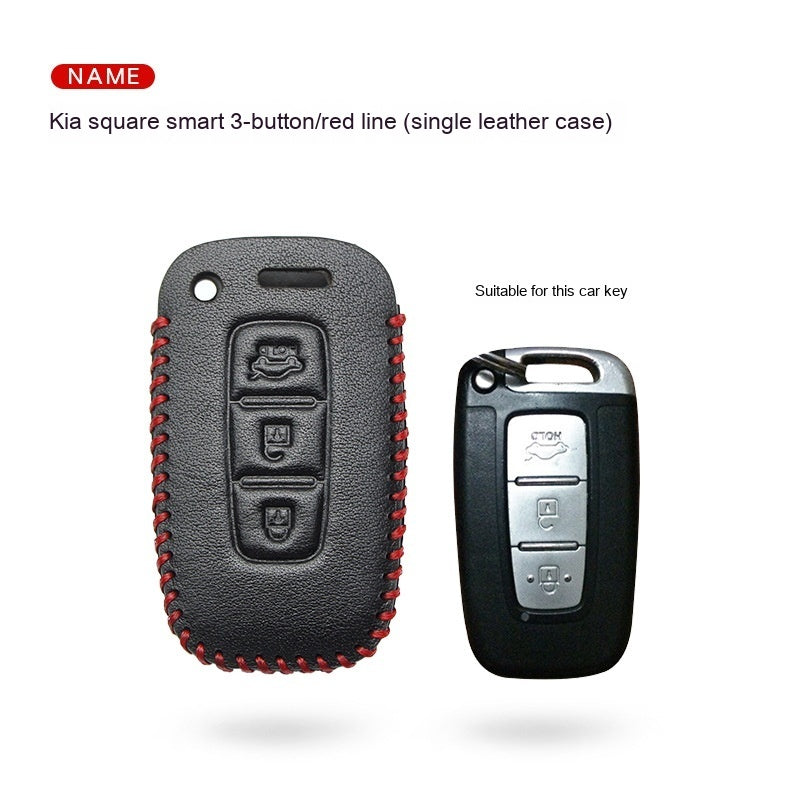 Key fob case for Kia smart & folding keys – genuine leather – supplier infographic showing square smart red line case with matching key