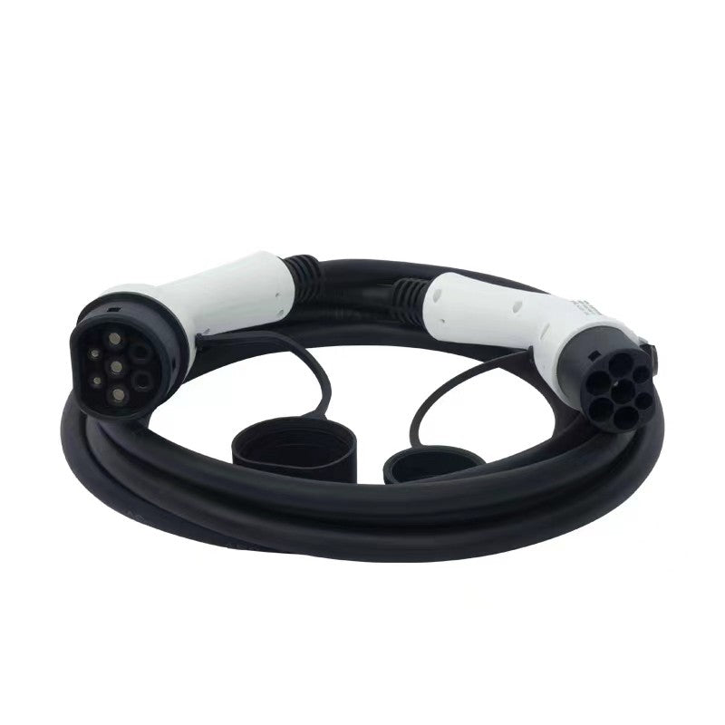 32A Type 2 to Type 2 EV charging cable, 5m – coiled cable with both plugs and dust caps