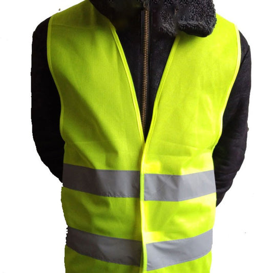 High-visibility yellow reflective safety vest – worn on a person's back view