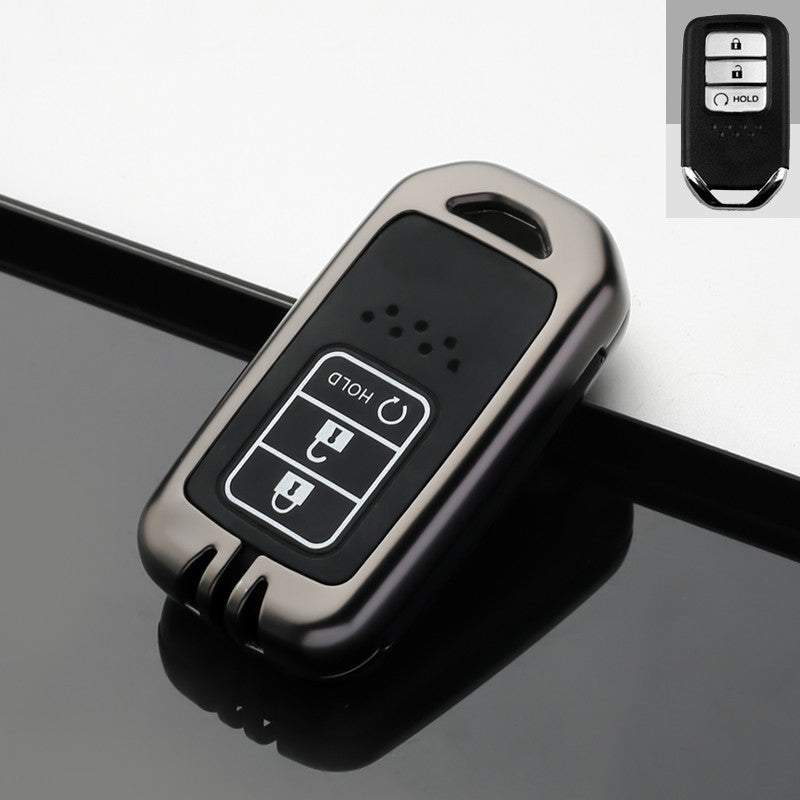 Key fob case for Honda Accord & Civic keys – zinc alloy – four-button case close-up, inset shows original fob