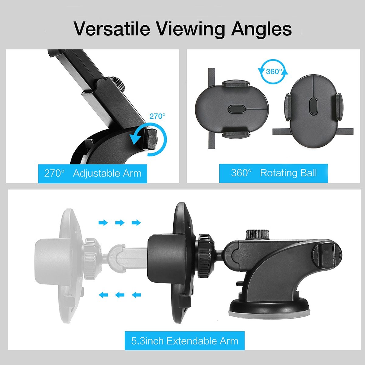 Telescopic dashboard phone holder, suction mount, view 4