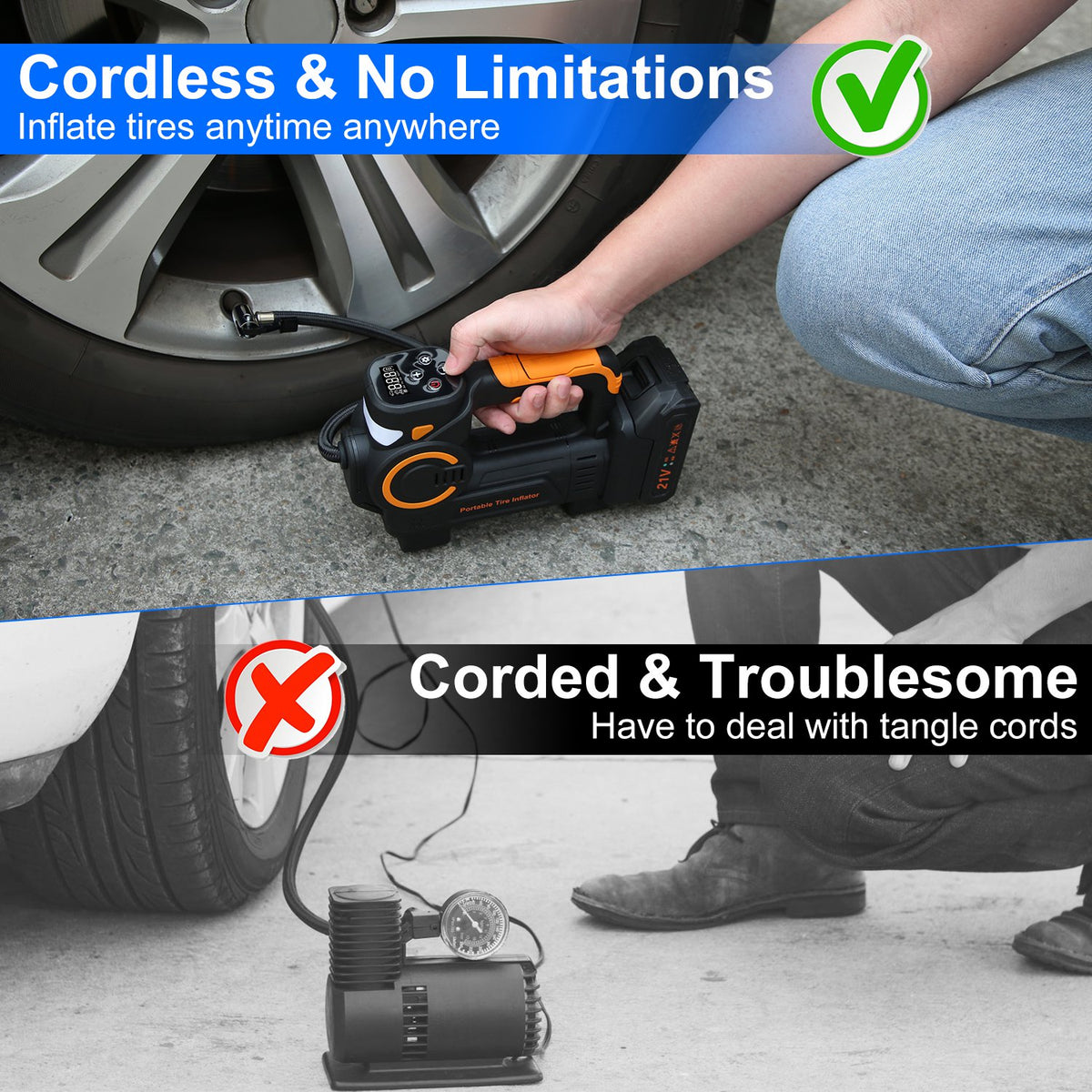 1Pc 140W 150PSI 21V Battery Powered Tire Inflator Cordless Air Inflator Digital Air Compressor With LED Light For Cars Motorcycles Bicycles Balls - image 9