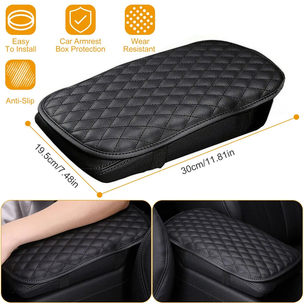 Car Armrest Pad Cover PU Leather Auto Center Console Seat Box Cover Protector Car Accessories Armrest Cushion Pad - Black