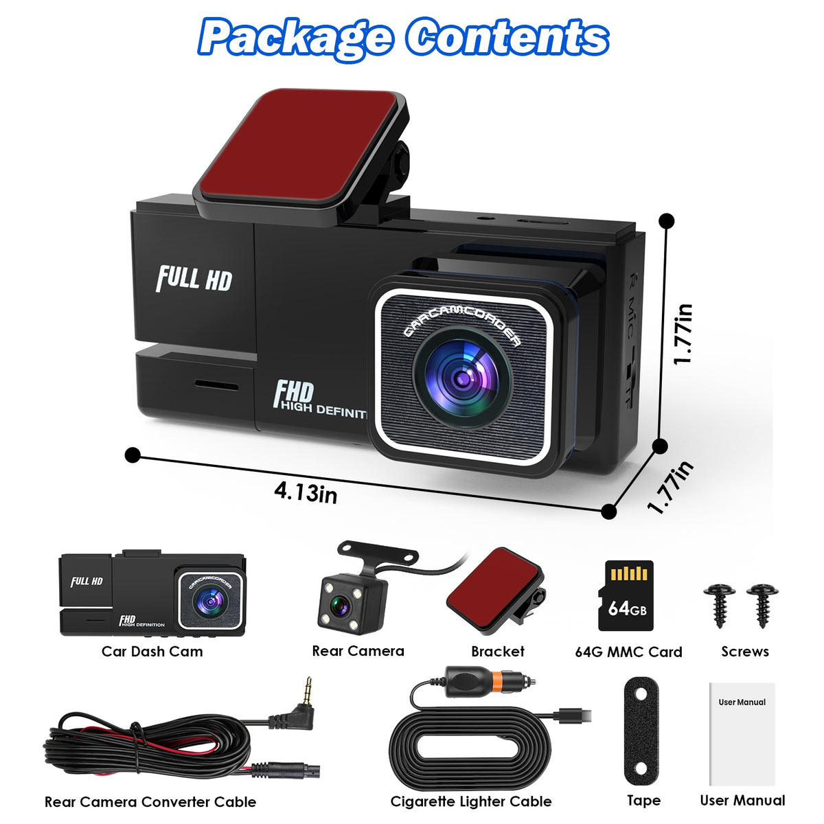 1Pc WiFi FHD 1080P Car Dash Cam 3 Channels Front Rear Inside Dash Camera With Loop Recording Reversing Image Night Vision 170 Degree Wide Angle Support 64G MMC Card Included - image 3